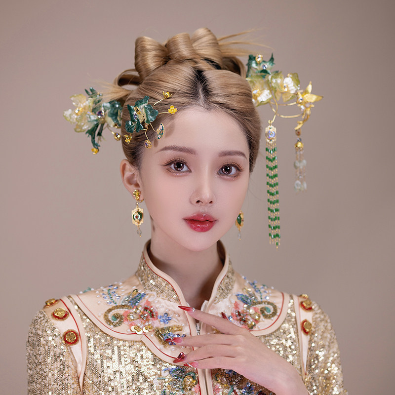 ETE新娘中式古装秀禾头饰复古宫廷琉璃花发钗古典摄影婚礼跟妆配