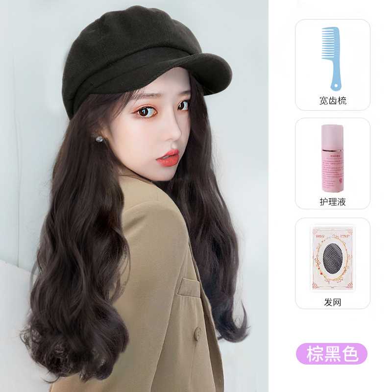 正品长发帽子一体带头发的假发秋冬女士卷发戴渔夫帽2021新款可拆