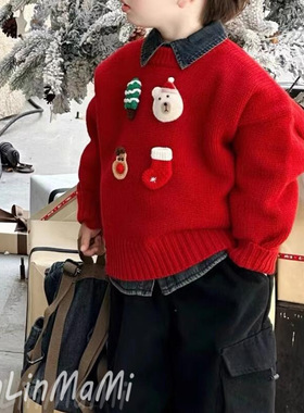 霖霖妈男童2024年秋冬款中小童帅气圣诞新年针织衫宝宝喜庆红色