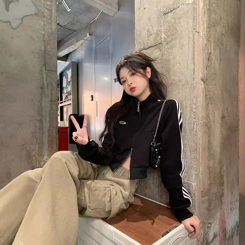 薏尔康美式灰色修身卫衣外套女春秋薄款小个子长袖拉链开衫运动上