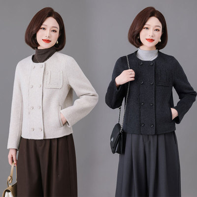 恒源祥妈妈秋冬小香风外套洋气毛呢短款呢子上衣纯羊毛零双面羊绒