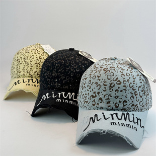 香港潮牌韩版 百搭宽檐鸭舌帽显脸小豹纹帽子女街头做旧破洞软 时尚