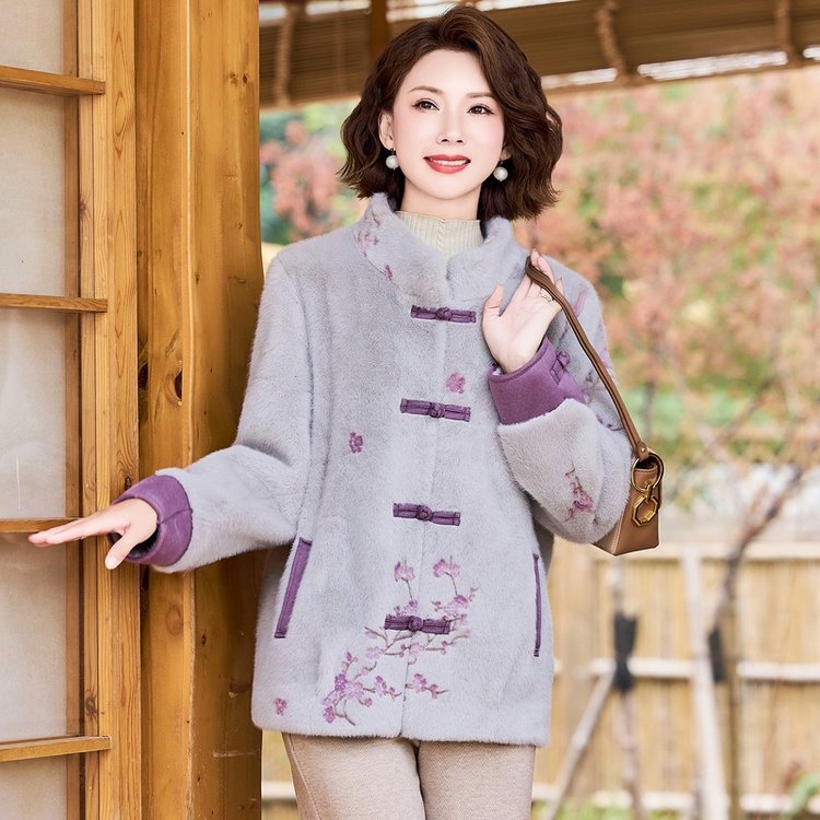 恒源祥妈妈秋冬装新中式国风水貂绒外套大码洋气中年女皮毛一体大