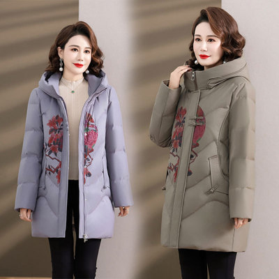 恒源祥中老年妈妈羽绒服女中长款冬天中国风印花外套老太太奶奶高