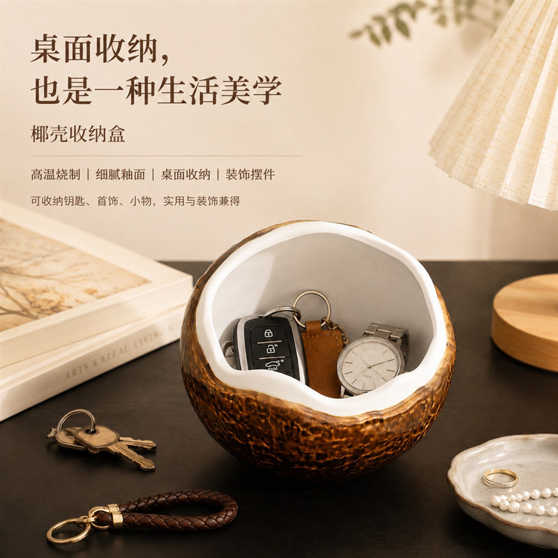 德国精工创意椰壳高颜值入户玄关钥匙陶瓷收纳盒客厅鞋柜家居摆件