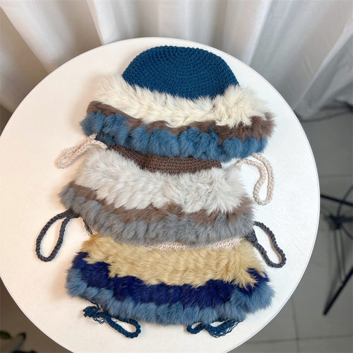 香港潮牌毛线帽女冬天复古保暖防寒兔毛针织帽毛绒护耳毛毛帽子大