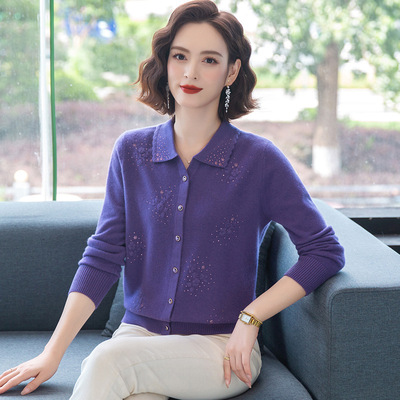 恒源祥100%纯羊毛衫红色毛衣针织开衫外套女春秋翻领妈妈外搭羊毛