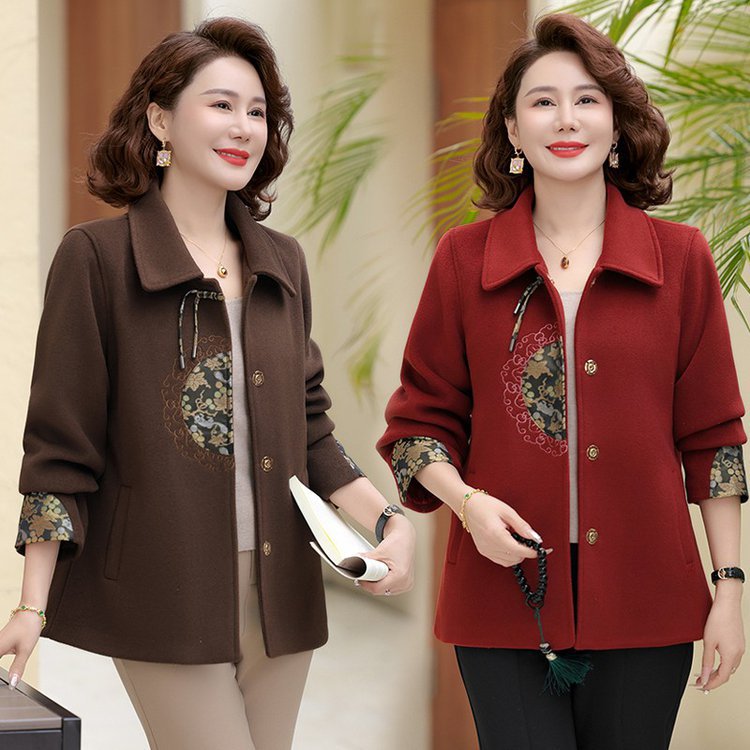 恒源祥小个子妈妈秋装新款双面呢外套短款中老年女士春秋毛呢大码