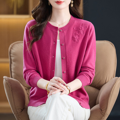 恒源祥羊毛开衫女100纯羊毛春秋2025新款洋气妈妈绣花毛衣外套针