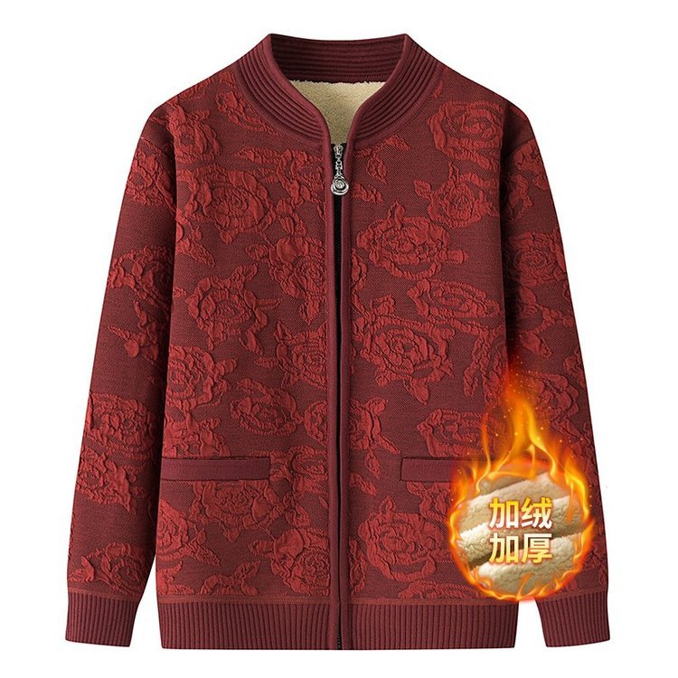 恒源祥中老年人妈妈针织开衫外套女奶奶秋冬装加厚大码羊羔绒保暖