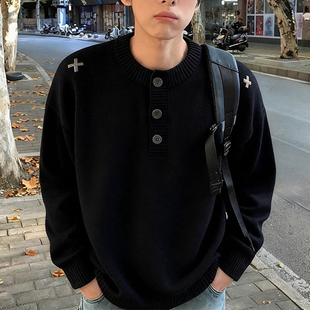 黑色刺绣亨利领毛衣男款冬季慵懒高级感针织衫美式正肩内搭打底衫