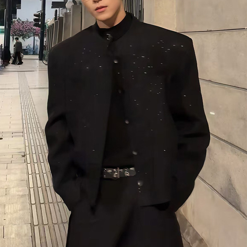 高级感垫肩短款西装外套男秋冬撒银呢料痞帅立领夹克夜店男模穿搭,男装,休闲西服,淘宝优惠券,粉丝福利购,淘宝优惠卷