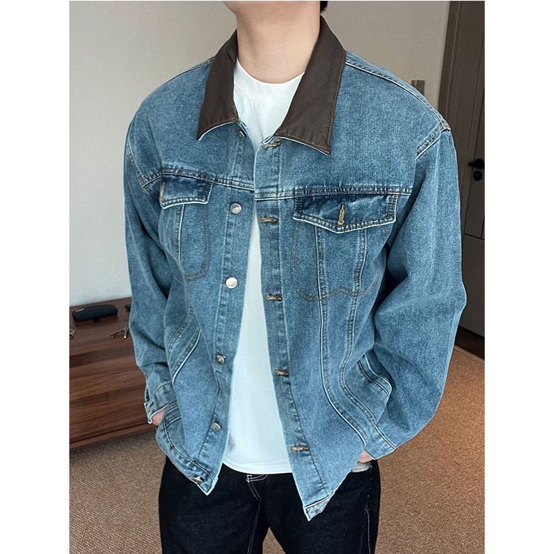 美式复古蓝牛仔外套男款秋季vintage水洗牛仔衣高街痞帅短款夹克图片