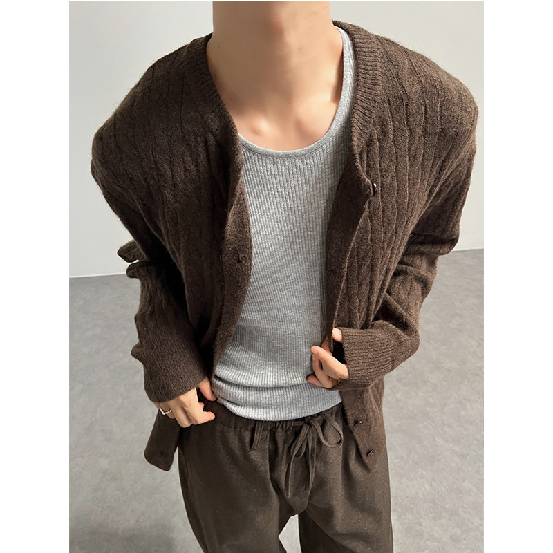 秋冬老钱风麻花针织开衫简约基础休闲百搭保暖米糯毛衣外套男女