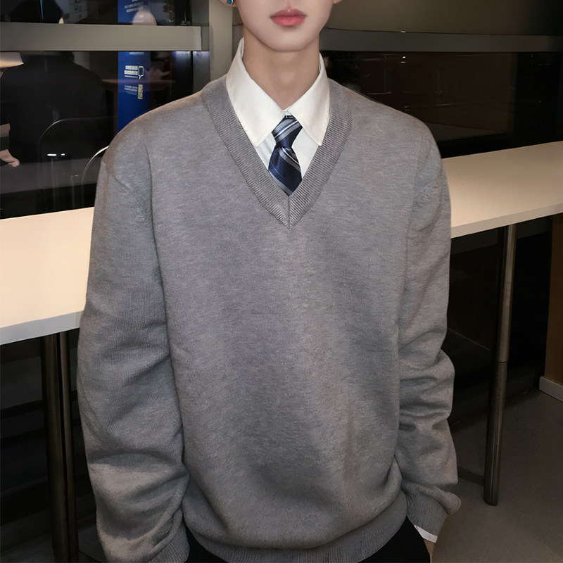 dk制服纯色基础款长袖毛衣秋冬季学院风学生V领套头男女针织上衣