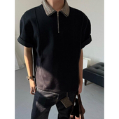 高级感正肩T恤痞帅半拉链半袖 黑色老钱风翻领Polo衫 男士 夏季 短袖