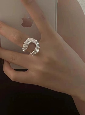 韩版S925银个性几何不规则戒指女复古纹理锡纸夸张开口指环食指戒