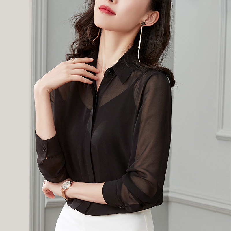 2020新款秋装黑色透视衬衫女洋气长袖透明雪纺性感气质外穿上衣潮
