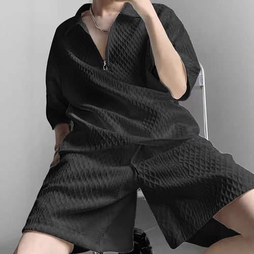 新款跨境男装男士休闲套装25夏季亚马逊热卖提花Polo衫短裤两件套