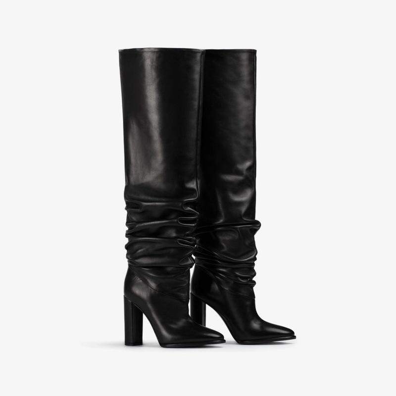 欧美粗跟褶皱时装靴 尖头高筒女靴大码外贸block heels PU