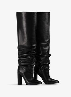 欧美粗跟褶皱时装靴 尖头高筒女靴大码外贸block heels PU