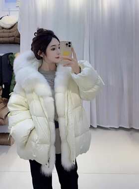 高端皮草大狐狸毛领鹅绒羽绒服女2024冬绑带加厚连帽外套白鹅绒