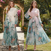 印花立体刺绣花朵单排扣泡泡袖 超大摆系带连衣裙 吊带女广州