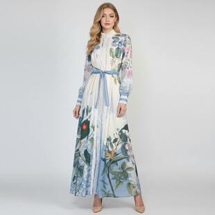 新款欧美叶定位印花单排扣灯笼袖长款连衣裙系带衬衫裙长裙女