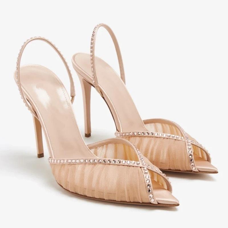 欧美高跟凉鞋尖头蕾丝褶皱水钻细跟女婚宴鞋bridal shoes women