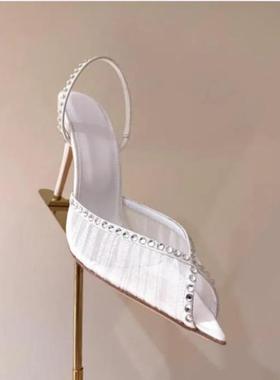 欧美高跟凉鞋尖头白色褶皱蕾丝细跟水钻女婚宴鞋bridal shoes