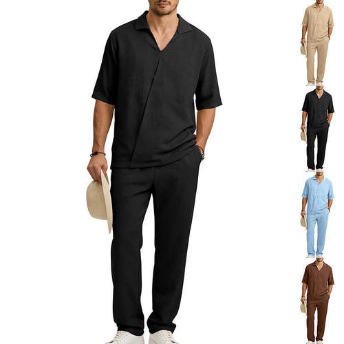 2026跨境欧美亚马逊男士休闲纽扣短袖长裤套装泡泡面料两件装MG-1