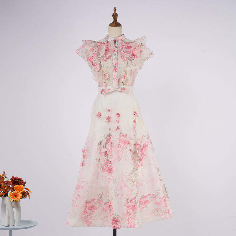 实拍现货澳洲宫廷风立领荷叶边钻石纽扣无袖阔摆长裙套装时尚套装