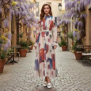 复古知性淑女喇叭袖法式温柔高端别致收腰荷叶边印花连衣裙女