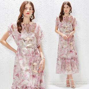 新款实拍现货新品女荷叶边印花连衣裙拼接蕾丝立体花朵海边长裙潮
