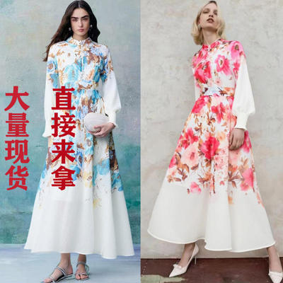 大量现货欧美印花女立领长袖高级感衬衣+高腰长裙法式仙女裙套装