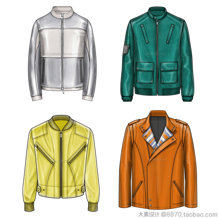 K9男装皮衣皮革皮草AI线稿矢量图 服装设计手稿款式图参考素材