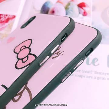 可爱卡通蝴蝶结猫iPhone7/8/X玻璃手机壳苹果6sp镜面外壳6s挂绳女