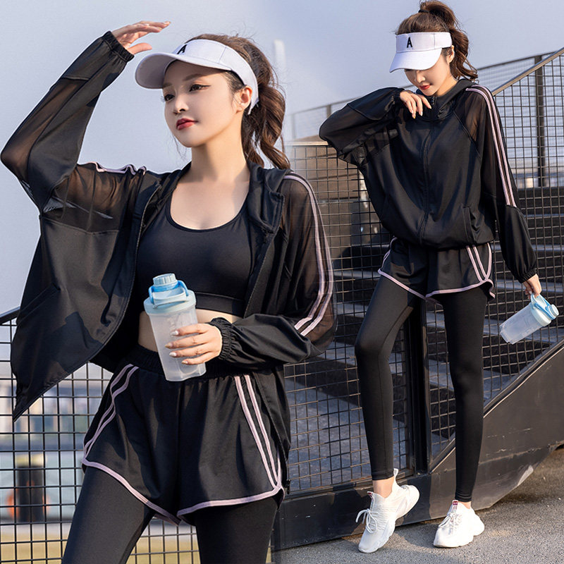 跑步运动套装女宽松蝙蝠衫速干高弹网纱拼接假两件健身长裤瑜伽服