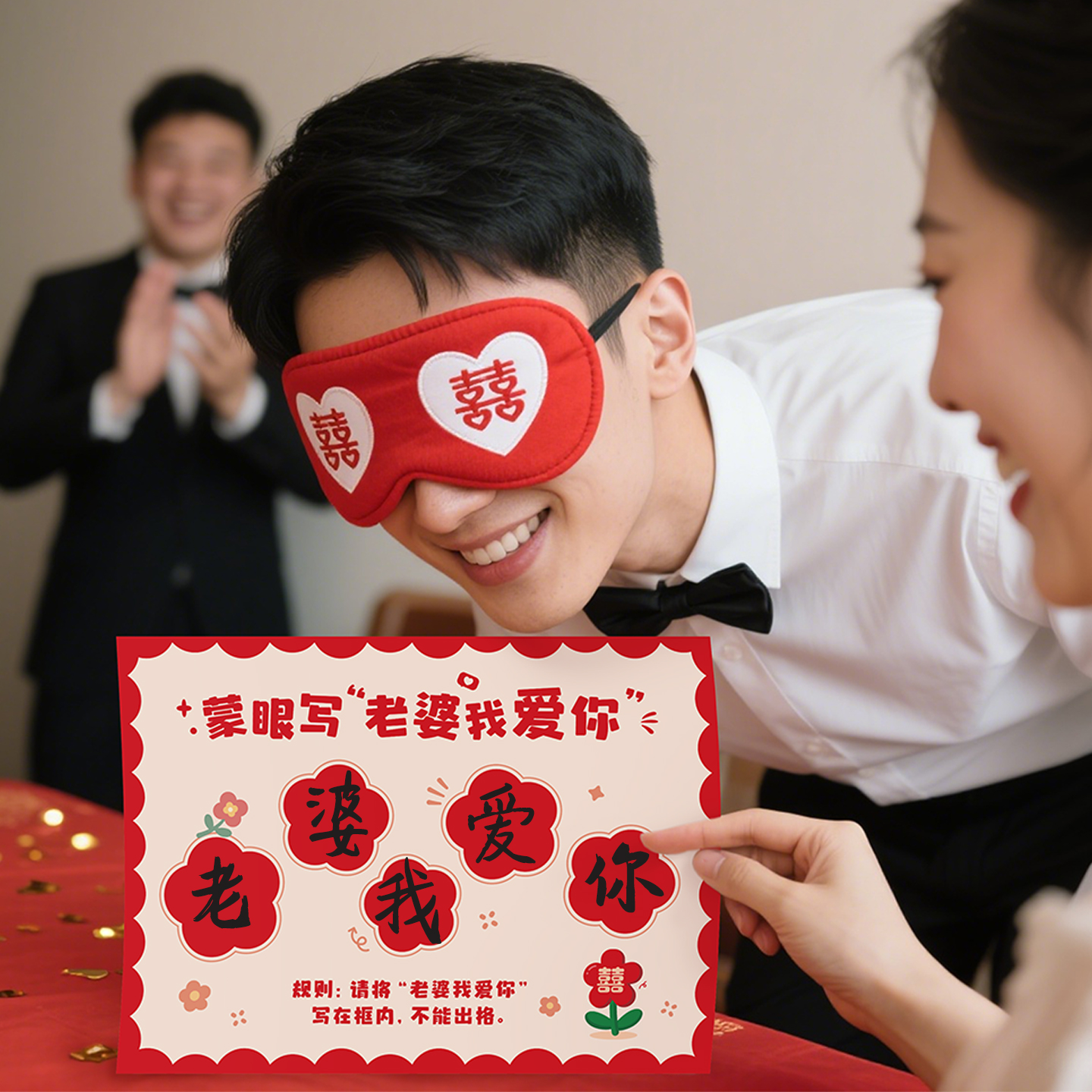 创意接亲小游戏蒙眼写字整蛊新郎