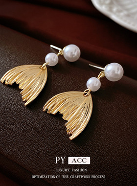 银针鱼尾流苏珍珠耳环法式ins复古时尚耳钉小众高级感耳饰女