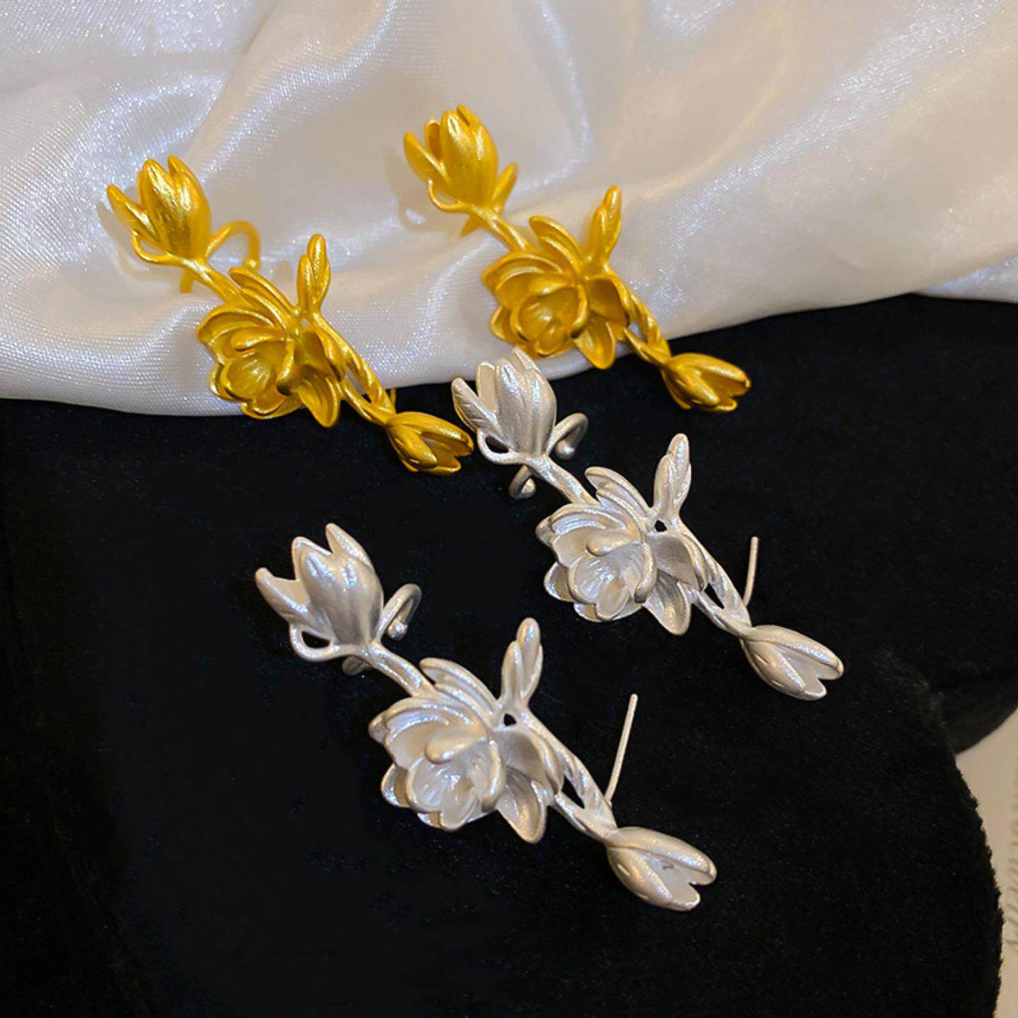中古vintage银针莲花耳钉耳夹轻奢高级感时尚耳环设计感小众耳饰