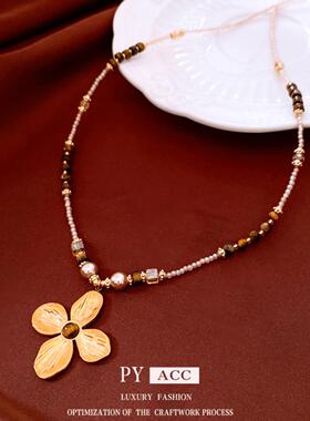 真金电镀虎眼石花朵吊坠项链中古vintage复古毛衣链简约时尚项饰
