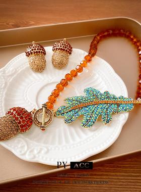 中古镶钻水晶叶子松果OT卡扣项链复古夸张高级感锁骨链个性项饰女