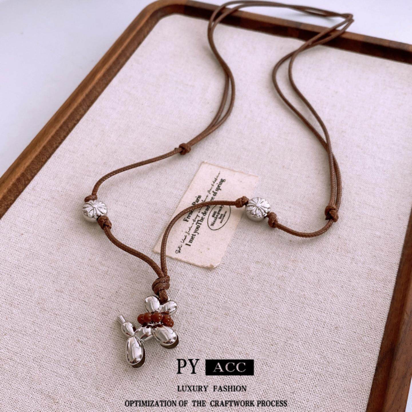 中古风蜡绳串珠小狗吊坠项链冷淡风潮流百搭毛衣链时尚小众项饰女