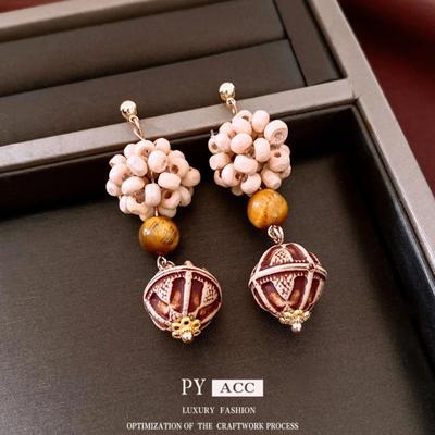 银针木珠串珠圆形吊坠耳环复古民族风精致耳钉设计感小众耳饰