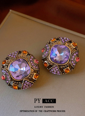 中古银针镶钻方形耳环复古vintage轻奢耳钉高级感小众耳饰女