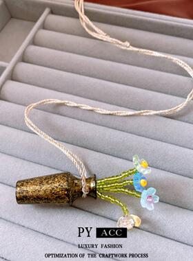 玻璃树脂花瓶花朵吊坠项链中古vintage复古毛衣链设计感小众项饰