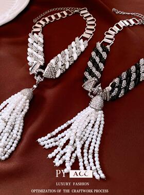 中古vintage珍珠串珠可调节项链复古时尚气质毛衣链轻奢百搭耳饰