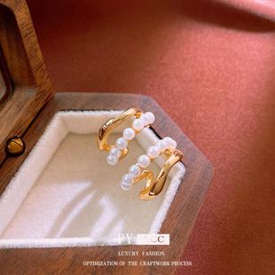 法式银针环形双层耳环简约人造珍珠耳钉轻奢高级感气质耳饰女