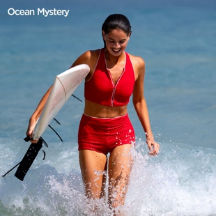 OceanMystery红色分体运动泳衣女专业冲浪服高腰遮肚显瘦拉链平角